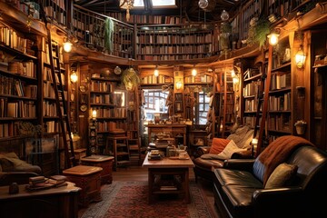 Cozy Bookstore Haven: Filled Shelves, Comfortable Nooks, and Peaceful Ambiance, generative AI
