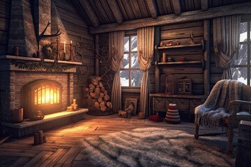 Winter Wonderland: Captivating Cozy Cabin Background with Crackling Fireplace, Warm Blankets, and Snowfall, generative AI
