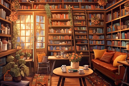 Cozy Bookstore Caf�: Aromatic Coffee, Comfortable Seating, and Abundant Shelves of Books, generative AI