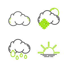 Set line Sunrise, Cloud with rain, snow and sun and icon. Vector