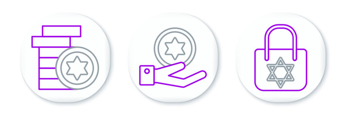 Set line Shopping bag with star of david, Jewish coin and on hand icon. Vector