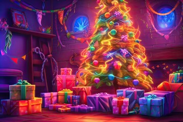 Festive Christmas Background: Decorated Tree, Colorful Lights, and Presents Piled Underneath, generative AI