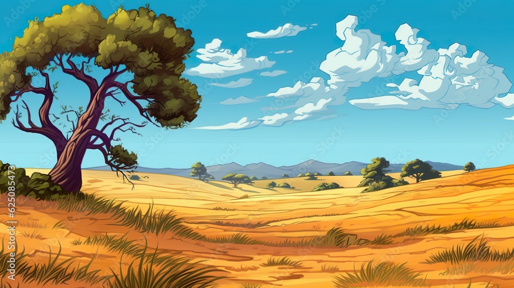 Poster background steppe with wild grasses and lone tree. captivating background with an illustration of a 