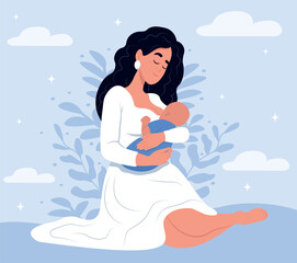 Illustration of breastfeeding, a mother breastfeeds a child. Illustrations in cartoon style.World Breastfeeding Week. August 1-7.