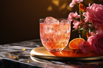 Pink Cocktail, Delicious Drink for Celebration and Party, Beautiful Beverage with Flowers - Generative Ai