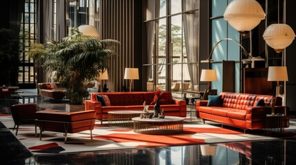 Bauhaus-style hotel lobby design, retro-style hotel lobby design, high-end hotel design