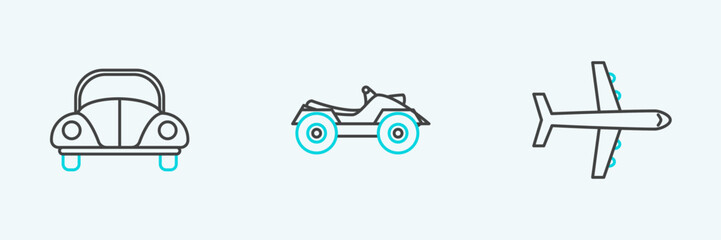 Set line Plane, Car and All Terrain Vehicle or ATV motorcycle icon. Vector
