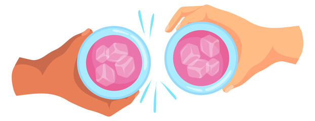 Drink glass cheers top view. Cartoon hands together