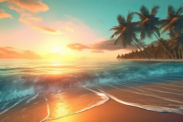 Golden Sand and Gentle Turquoise Sea: A Serene Sunset Beach Background with Palm Trees, generative AI