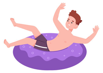 Boy lay on inflatable donut. Happy kid swimming