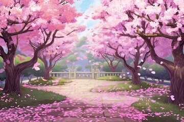 Obraz na płótnie Canvas Tranquil Paradise: A Blooming Cherry Blossom Garden Background with Pink Petals and Serene Atmosphere, generative AI