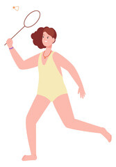 Woman running with tennis racket. Girl play beach game