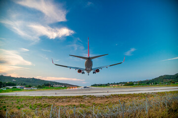 Airplane arriving at Skiathos airport