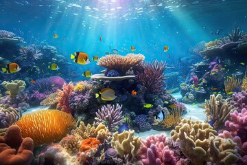 Sparkling Ocean: Crystal-Clear Water, Vibrant Coral Reefs, and Tropical Fish, generative AI