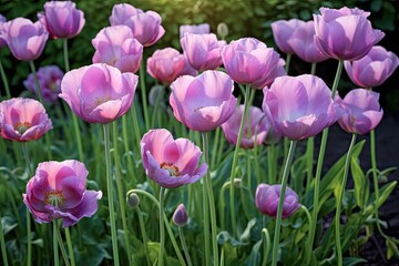 Fototapeta premium Vibrant Blooming Tulips: A Breathtaking Purple and Pink Flower Background, generative AI