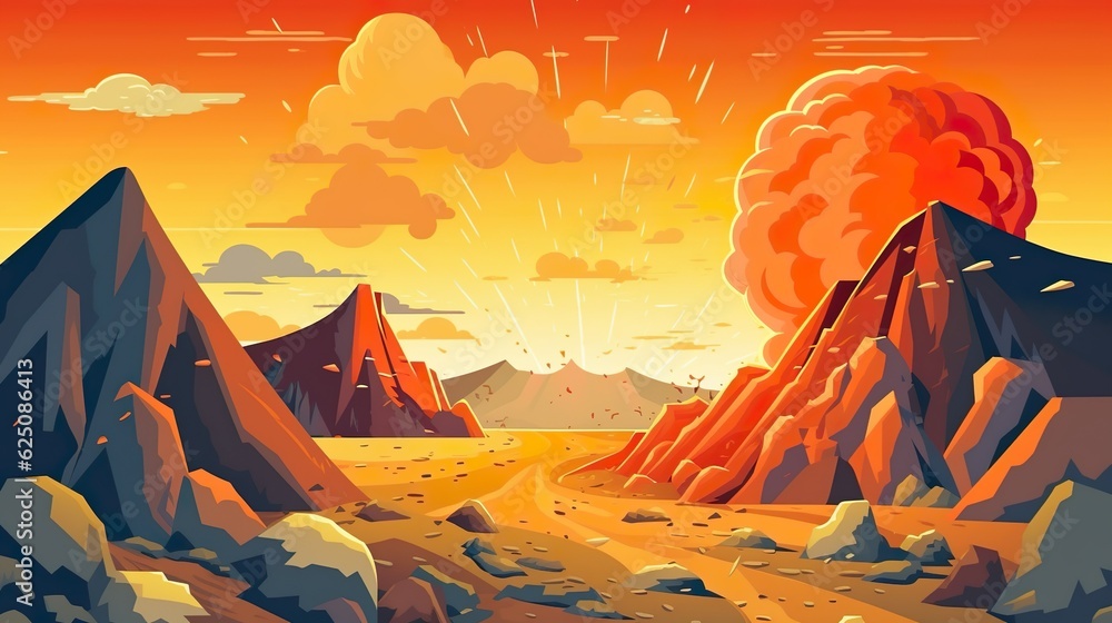 Poster abstract background volcano. fiery background with an illustration of an active volcano, perfect for