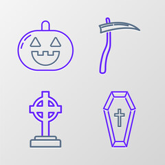 Set line Coffin with christian cross, Tombstone, Scythe and Pumpkin icon. Vector