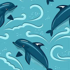 Seamless pattern sea, waves and dolphin