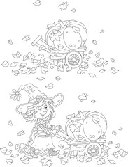 Happy little witch carrying a large ripe pumpkin in her garden wooden wheelbarrow through fallen autumn leaves, a set of black and white outline vector cartoon illustrations