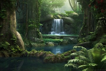 Tranquil Waterfall Oasis: A Serene Escape amidst Lush Foliage, Cascading Waters, and a Peaceful Pond, generative AI