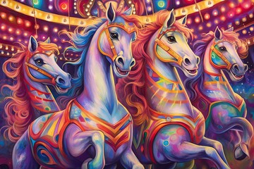 Fototapeta na wymiar Colorful Carousel Horses, Festive Lights, and Joyful Laughter: A Vibrant Carnival Background, generative AI