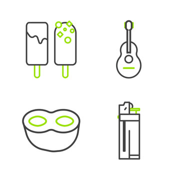 Set line Lighter, Festive mask, Guitar and Ice cream icon. Vector
