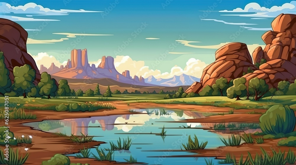 Poster Abstract background national park. Creating of a captivating background with an illustration of a scenic national park with river. Generative AI.