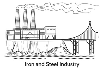 Iron and steel industry sketch. Factory in city landscape drawing