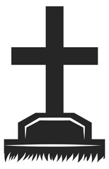 Stone cross on graveyard silhouette. Black cemetery symbol