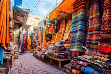 Fototapeta na wymiar Vibrant Marrakech Street Market: Colorful Textiles, Spices, and Bustling Activity Steal the Scene!, generative AI