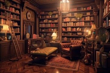 Vintage Bookstore Ambiance: Rediscover Cozy Reading Corners, Floor-to-Ceiling Bookshelves, and Antique Furniture, generative AI