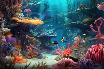 Fototapeta na wymiar Vibrant Coral Reefs and Exotic Fish: Exploring a Whimsical Underwater Wonderland with Hidden Treasures, generative AI