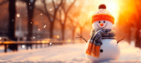 White snowman figure with warm hat and scarf standing in snow, sun setting outdoors in winter.