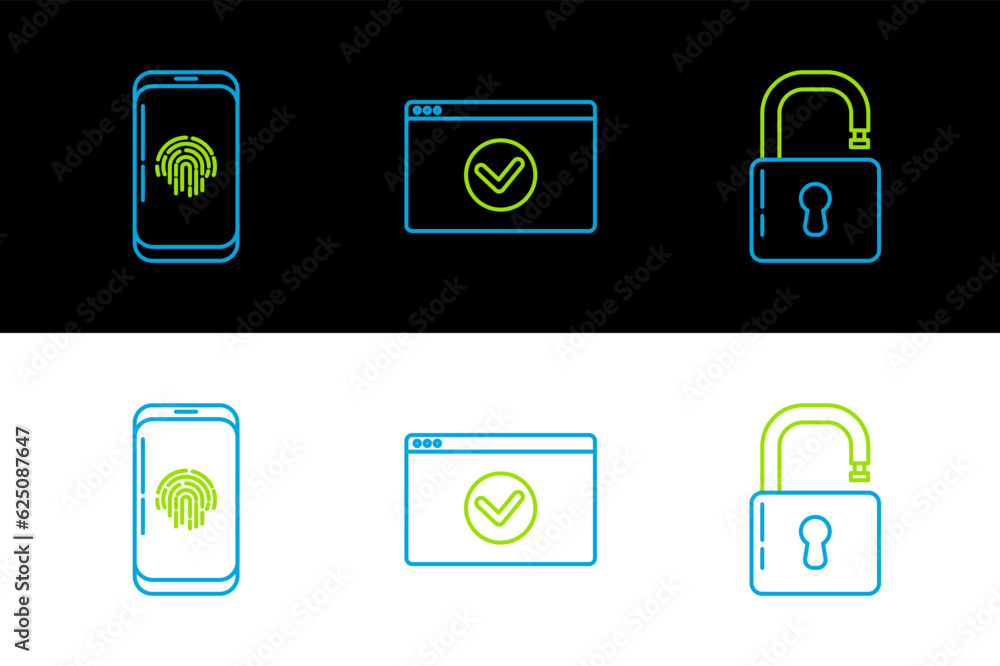 Poster set line open padlock, smartphone with fingerprint scanner and secure your site https, ssl icon. vec