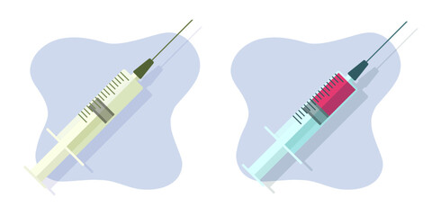 Syringe needle inject icon vector flat graphic illustration, medical hypodermic with blood clipart image, vaccine dose - obrazy, fototapety, plakaty