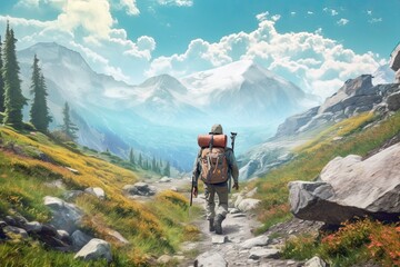 Fototapeta na wymiar Rocky Mountain Trail: Embracing Adventure and Nature's Beauty Through Hiker's Exploits, generative AI