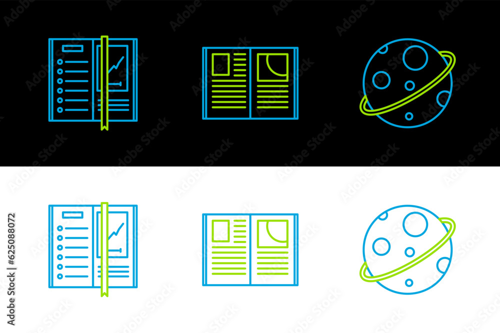 Poster set line planet, notebook and open icon. vector