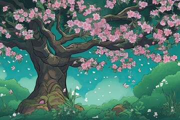 Vibrant Anime-Inspired Green Background with Stylized Characters and Blossoming Cherry Blossom Tree, generative AI