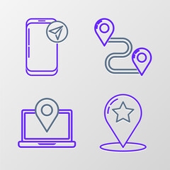 Set line Map pointer with star, Laptop location marker, Route and Infographic of city map navigation icon. Vector