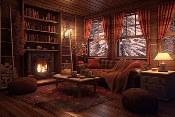 Naklejka premium Cozy Cabin Retreat: Warmth, Comfort, and Relaxation with a Crackling Fireplace and Cozy Blankets, generative AI