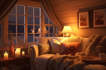 Cozy Background: Warm and Inviting Living Room for Comfortable Relaxation with Soft Lighting and Cozy Blankets, generative AI