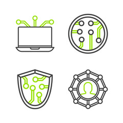 Set line Project team base, Cyber security, Processor and Laptop icon. Vector