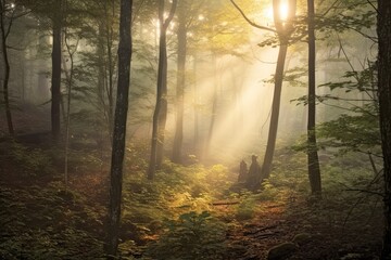 Ethereal Serenity: Dreamy Background with Soft Sunlight Filtering Through Misty Forest, generative AI