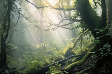 Misty Forest: Capturing Ethereal Tranquility with Dreamy Background of Soft Sunlight, generative AI