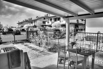 Infrared view of a modern house exterior, Pergola