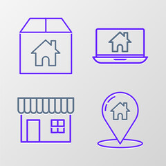 Set line Map pointer with house, Shopping building or market store, Laptop and smart home and Cardboard box icon. Vector