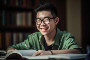An Asian smiling adolescent studying at a desk with books and notebooks in a study area. Dedication to academics. Generative AI