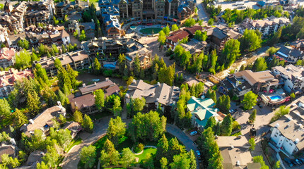 Overhead aerial view of Vail town in summer season, Colorado - obrazy, fototapety, plakaty