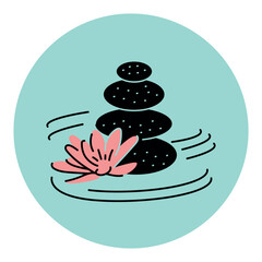 Lotus flower with spa stones black line icon.