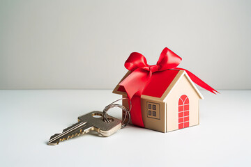 Keys and house model with red ribbon as a gift. Generative AI